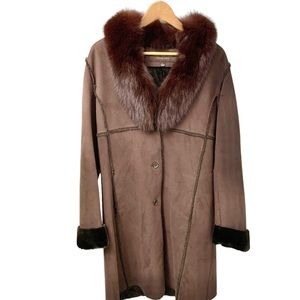 Marc New York Fox Fur Collar Faux Shearling Brown Coat - Sz L